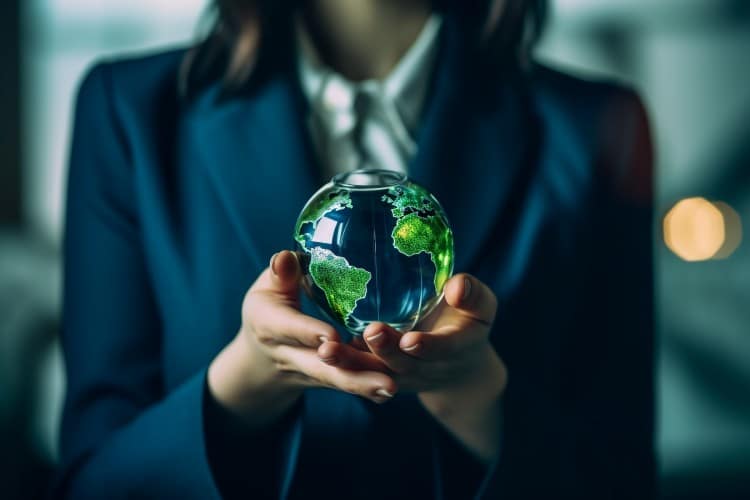 une jeune femme portant avec soin une réprésentation de la terre